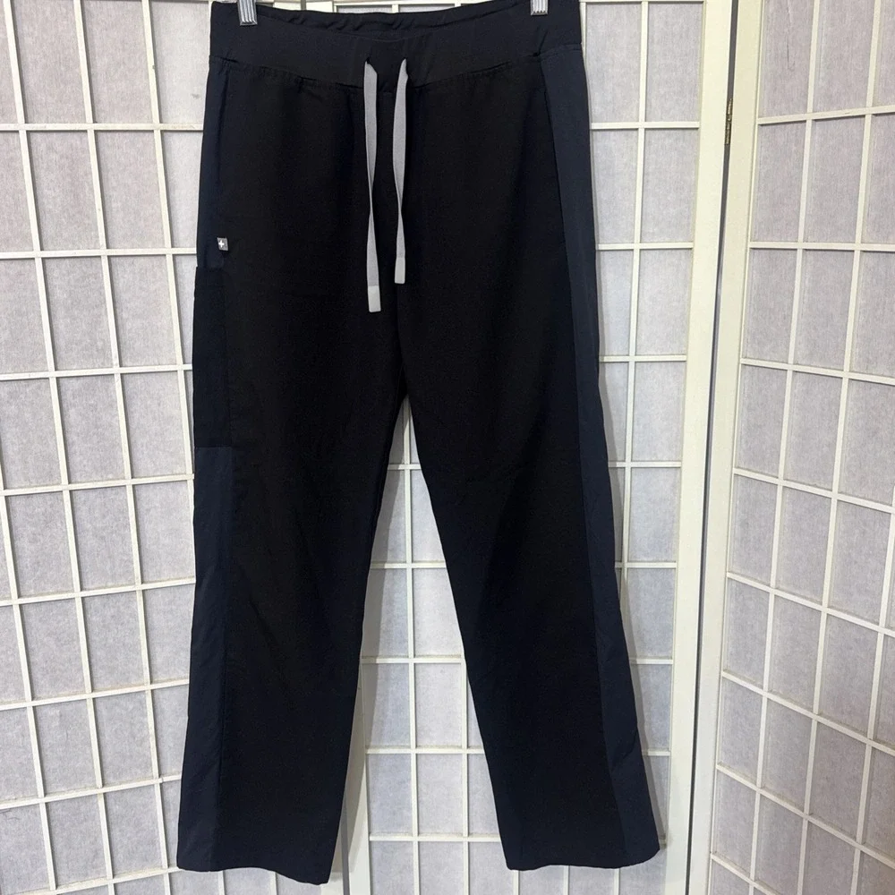 FIGS Black Blue Stripe Panel Cargo Knit Scrub Pants Medical Polyester Size P/S